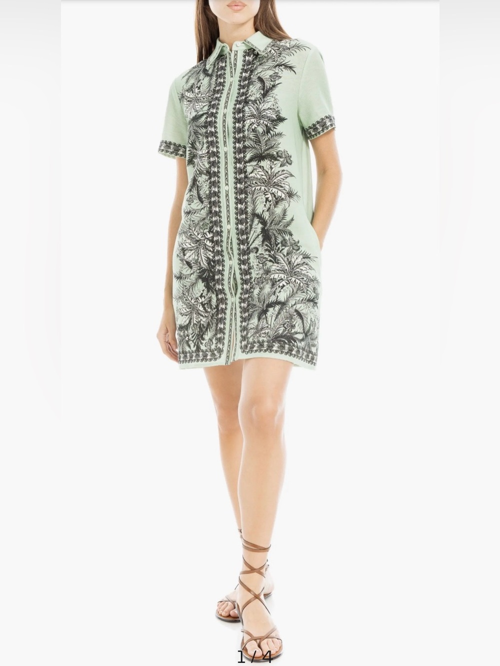 Sage Green Palm Border Short Sleeve Linen Shirtdress Tropical Vacation Resort